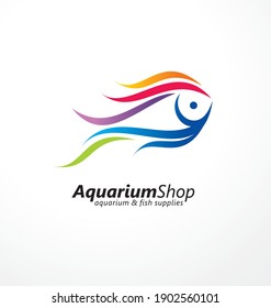 Aquarium shop artistic logo design idea with wonderful colorful fish. Tropical fish creative symbol for aquatic activities. Fish aquariums and supplies pet store vector icon layout.  