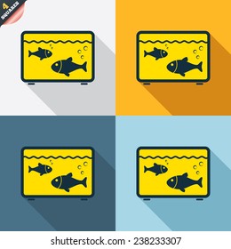 Aquarium sign icon. Fish in water symbol. Four squares. Colored Flat design buttons. Vector
