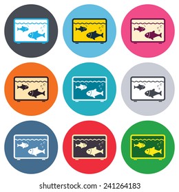 Aquarium sign icon. Fish in water symbol. Colored round buttons. Flat design circle icons set. Vector