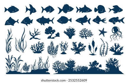 Siluetas de acuario. Vida marina submarina, peces de esténcil, arrecifes de coral, animales marinos y algas marinas del océano. Elementos acuáticos para el conjunto de Ilustración vectorial aislada del tanque de la pecera.