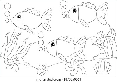 The aquarium sketch for the coloring book is decorated with seaweed, koi fish, starfish and seashells