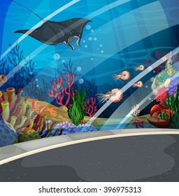 Aquarium with stingray swimming  illustration