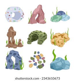 aquarium stone set cartoon. plant marine, tank underwater, seaweed bottom aquarium stone sign. isolated symbol vector illustration