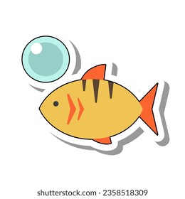 Aquarium striped goldfish flat paper sticker. Inhabitant of sea depths and oceans with water bubble isolated on white background. Animals and fish, nature concept