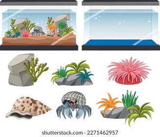 Aquarium tank with fishes and decorations illustration