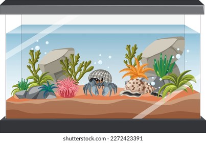 Aquarium tank with fishes and decorations on white background illustration