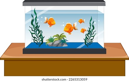 Aquarium tank with gold fishes on white background illustration