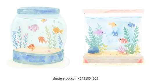 aquarium tank watercolor vector illustration 