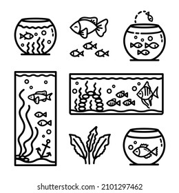 Aquarium tanks outline icons set, different types of aquariums with plants and fish. Vector Illustrations isolated on white.