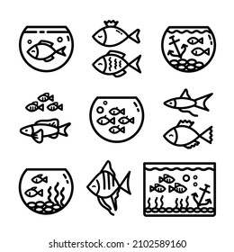Aquarium tanks outline icons set, different types of aquariums with plants and fish. Vector Illustrations isolated on white.