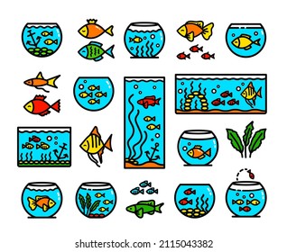 Aquarium tanks simple color icons set, different types of aquariums with plants and fish. Vector flat Illustrations isolated on white background.