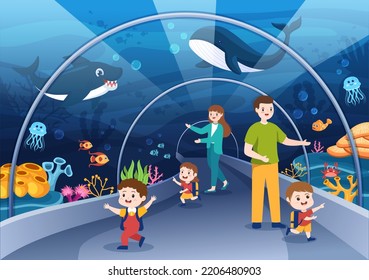 Aquarium Template Hand Drawn Cartoon Flat Illustration with Family and Kids Looking at Underwater Fish, Sea Animals Variety, Marine Flora and Fauna