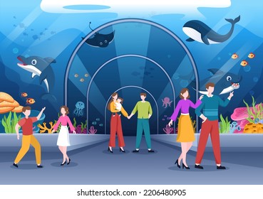 Aquarium Template Hand Drawn Cartoon Flat Illustration with Family and Kids Looking at Underwater Fish, Sea Animals Variety, Marine Flora and Fauna