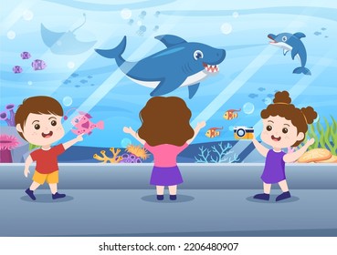 Aquarium Template Hand Drawn Cartoon Flat Illustration with Kids Looking at Underwater Fish, Sea Animals Variety, Marine Flora and Fauna