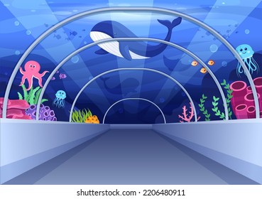 Aquarium Template Hand Drawn Cartoon Flat Illustration with Family and Kids Looking at Underwater Fish, Sea Animals Variety, Marine Flora and Fauna