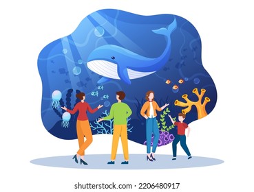 Aquarium Template Hand Drawn Cartoon Flat Illustration with Family and Kids Looking at Underwater Fish, Sea Animals Variety, Marine Flora and Fauna