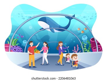 Aquarium Template Hand Drawn Cartoon Flat Illustration with Family and Kids Looking at Underwater Fish, Sea Animals Variety, Marine Flora and Fauna