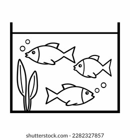 Aquarium with three fish and water plant, black vector illustration, contour drawing, web symbol
