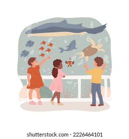 Aquarium trip isolated cartoon vector illustration. Children observe fish through glass, aquarium field trip, ocean wildlife experience, aquatic life, oceanarium school tour vector cartoon.