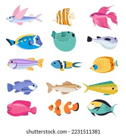 Tipos de acuario o peces tropicales, tipos aislados de especies que viven bajo el agua. Animales marinos y criaturas con aletas. Angelfish and guppy, payaso y pez dorado, nano y betta. Vector de estilo plano