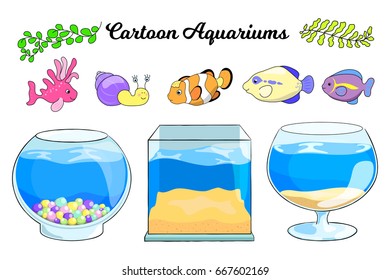 Aquarium and tropical fish vector illustration on white background. Empty aquarium. Clownfish character. Sea fish. Coral fish and plant for aquarium decor. Cartoon fish tank. Pet shop banner template