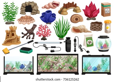 Aquarium underwater cartoon set with corals stones seaweeds seashells thermometer filter packaging food for fish vector illustration