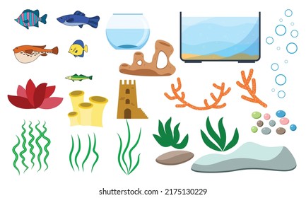 Aquarium underwater vector elements isolated on white background. Aquaristics cartoon set with aquarium fishes stones seaweeds seashells and aquarium tanks of different shapes.