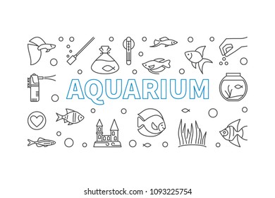 Aquarium vector horizontal banner in thin line style. Aquariumistics concept minimal illustration