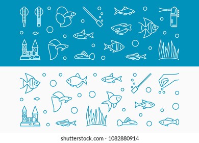 Aquarium vector horizontal banners made with fish and equipment outline icons. Aquariumistics concept illustration