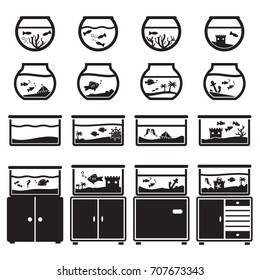 Aquarium vector icon set, black isolated on white background, bowl and square, on cupboard