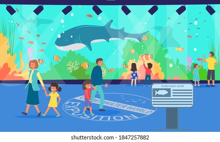 Aquarium, vector illustration. Family at underwater oceanarium, man woman with girl boy child look at cartoon ocean animal. Children people lifestyle, parent with kid at excursion.