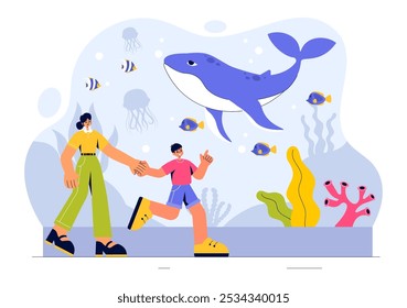 Aquarium Vector Illustration featuring an Underwater Scene with Fish Observation, Sea Animals, and Various Marine Flora and Fauna in a Background