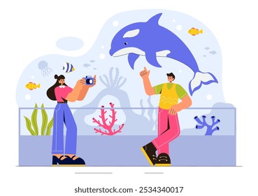 Aquarium Vector Illustration featuring an Underwater Scene with Fish Observation, Sea Animals, and Various Marine Flora and Fauna in a Background