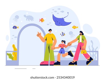 Aquarium Vector Illustration featuring an Underwater Scene with Fish Observation, Sea Animals, and Various Marine Flora and Fauna in a Background