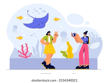 Aquarium Vector Illustration featuring an Underwater Scene with Fish Observation, Sea Animals, and Various Marine Flora and Fauna in a Background