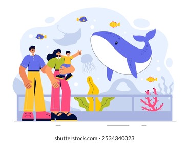 Aquarium Vector Illustration featuring an Underwater Scene with Fish Observation, Sea Animals, and Various Marine Flora and Fauna in a Background