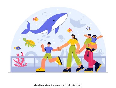 Aquarium Vector Illustration featuring an Underwater Scene with Fish Observation, Sea Animals, and Various Marine Flora and Fauna in a Background