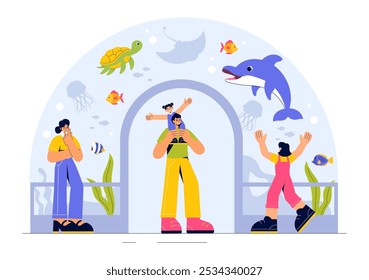 Aquarium Vector Illustration featuring an Underwater Scene with Fish Observation, Sea Animals, and Various Marine Flora and Fauna in a Background