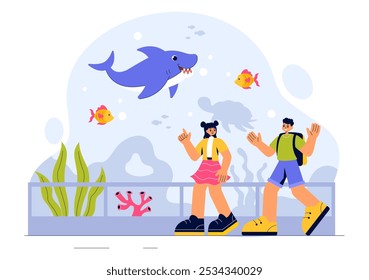 Aquarium Vector Illustration featuring an Underwater Scene with Fish Observation, Sea Animals, and Various Marine Flora and Fauna in a Background