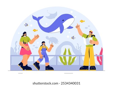 Aquarium Vector Illustration featuring an Underwater Scene with Fish Observation, Sea Animals, and Various Marine Flora and Fauna in a Background