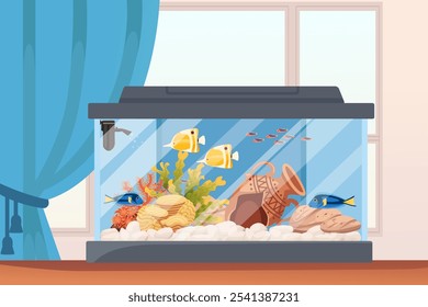 Aquarium with vibrant fish, plants, and decorative items set in a cozy room with a blue curtain, symbolizing tranquility and home decor. Perfect for lifestyle and interior design themes