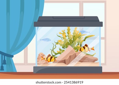 Aquarium with vibrant fish and plants, set beside a blue curtain, symbolizing a calm and natural indoor setting. Suitable for pet care, interior design, and lifestyle themes. Vector illustration.