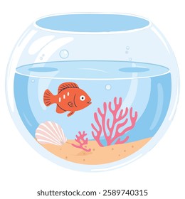 Aquarium with Water Golden Fish Sand and Corals Vector Illustration