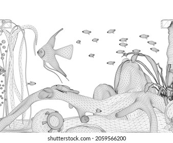 Aquarium wireframe with fishes from black lines isolated on white background. 3D. Vector illustration