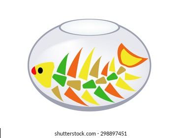 In an aquarium without water fish skeleton. Cartoon