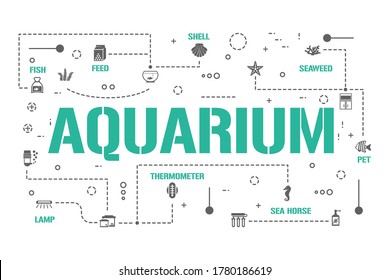 Aquarium word concepts banner. Shell, Fish, Coral and Seaweed. Marine Pet Care infographics. Presentation, website. UI UX idea. Isolated lettering typography with glyph icons. Vector flat illustration