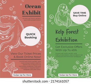 Aquarium or zoo, wildlife park book tickets online and save 45 percent off price. Eco environment and habitat of animals. Website landing page template, swipe for more info. Vector in flat style