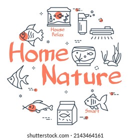 Diseño vectorial de círculo acuarimistico. Iconos de arte de línea establecen peces, acuarios, plantas. Diseño de tienda de mascotas lineal.