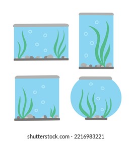 Aquariums with algae and stones, set. Vector Illustration for backgrounds, covers and packaging. Image can be used for greeting cards, posters, stickers and textile. Isolated on white background.