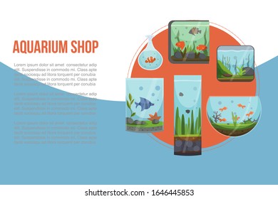 Aquariums with golden fish vector illustration banner. Fish aquarian house underwater tanks and bowl. Home and domestic aquarium shop with water and plants for print or web.